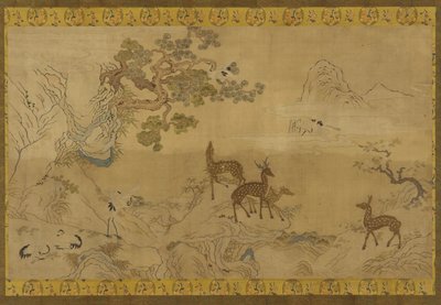 タペストリー：鹿、コウノトリ、松、桃の木のある風景 作： Unknown artist