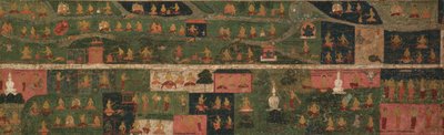 巡礼地とスヴァヤンブー プラナ (原始仏陀の古文書) の場面を描いた寺院のバナー 作： Unknown artist