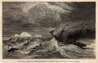 コペンハーゲンとアイスランドを結ぶデンマークの定期船「アークトゥルス号」。ノエル・ヌガレが1866年に描いたアイスランドでの航海を示す版画で、「Le tour du monde」に掲載されている。 作： Unknown artist