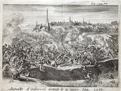 1567年3月13日に行われたオースターウェルの戦い（オランダ、ネザーランド）、80（エイティ）年戦争（1567-1648）の最初の対決。フラミアヌス・ストラーダ著『フランドル戦争史』を説明するための版画、ジョセフ・テルステヴェンス版 作： Unknown artist