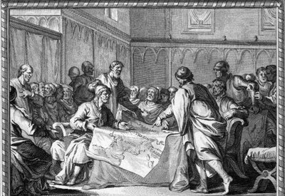 カロリング王朝は、ヴェルダン条約（843年）により、敬虔なルイの3人の息子であるロタイヤ1世、ゲルマン人のルイ、禿人のシャルルに分割された。18世紀のエングレーヴィング。 作： Unknown artist