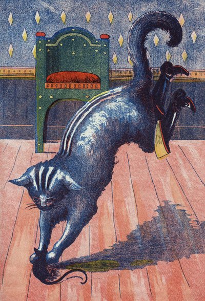 猫は鬼に投げつけられると、ネズミに変身する。フランスの作家、シャルル・ペロー（1628-1703）の物語、「Le chat Botte」の挿絵。匿名のイラスト。イメージ：Marcel Vagne, Jarville Nancy, undated (19世紀後半). 作： Unknown artist