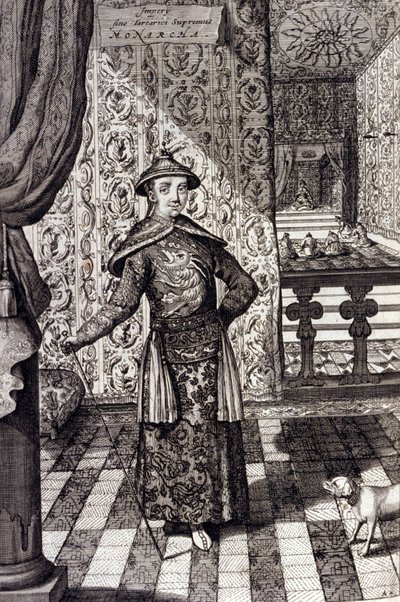 中国皇帝とタルタル人の最高統治者-中国皇帝康熙（1652-1722）清朝、アタナシウス・キルヒャー（1601-1680）による彫刻、「China Monumentis, qua sacris qua profanis」1667年より-中国皇帝康熙（1652-1722）清朝。 作： Unknown artist