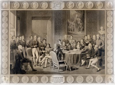 ウィーン会議の様子。1815年のウィーン会議の様子。アレクサンダー1世（皇帝）、H.R.スチュワート（カスレアーグ）、フランソワ1世（オーストリア皇帝）、フレデリック・ウィリアム3世（プロイセン王）、カール・アウグスト（ハーデンベルグ王子）、ヴィルヘルム・フォン・フンボルト（フンボルトのウィリアム 作： Unknown artist