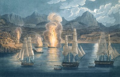 1811年4月30日、コルシカ島のサゴーネ湾でフランス船を破壊するイギリス船（カラー・アクアチント） 作： Unknown artist