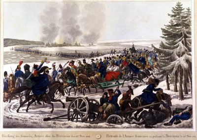 フランス軍は1812年11月26日にベレジーナ（Berezina）を通過して撤退した。19世紀のエングレーヴィング。 作： Unknown artist