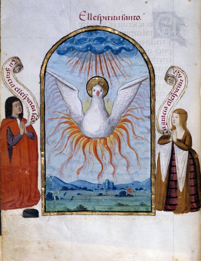 ペドロ・マルクーロの「スペイン女王ジョアン・ジ・フォル（1479-1555）の献身コレクション」から抜粋した聖霊写本ページ（「Devocionario de la Reyna Da Juana a Quien Llamaron la Loca」）15世紀日。0,21x0,14 m シャンティイ、ミュゼ・コンドル 作： Unknown artist