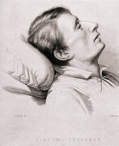 イタリアの詩人、ジャコモ・レオパルディ（1798-1837）の死に際の写真。19世紀のエングレーヴィング 作： Unknown artist