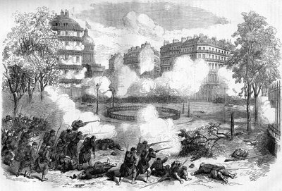1871年のパリ・コミューン。1871年5月24日、流血週間（1871年5月22日〜28日）の始まりに、パンテオン前のフェデレ（コミューン派）のバリケードがド・シズィー将軍の軍団によって攻撃される。 作： Unknown artist