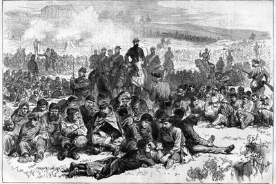 1871年のパリ・コミューン。ベルヴィルの共産党員が捕らえられ、ショーモン公園で平和維持軍の分遣隊に警護されている。 作： Unknown artist