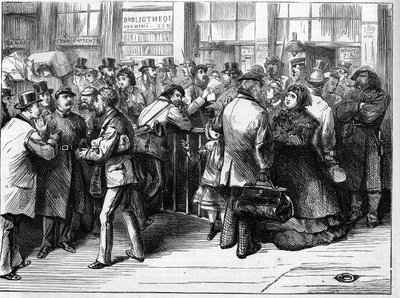 1871年のパリ・コミューン。北部の鉄道でパリを離れる人のフェデレ（コミューン）によるパスポート検証。 作： Unknown artist