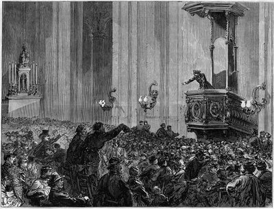 1871年のパリ・コミューンの様子。セント・ユースタティウス教会のクラブ。教会は、夜になるとフェデラーたちから集会や討論会の開催を要請された。これらのクラブは、教育、情報、表現という3つの目的を持っていた。 作： Unknown artist