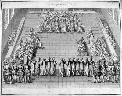 1561年のポワスィー・コロキウム（ポワスィー）。中央はフランス国王シャルル9世（1550-1574）と王妃カトリーヌ・ド・メディシス（カテリーナ・ド・メディチ）（1519-1589）。 作： Unknown artist