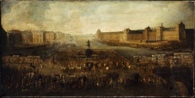 1665年頃、ドーフィン広場の入り口から見たポン・ヌフ、ケ・マラケとコレージュ・デ・キャトルナシオン、グランド・ギャラリー、ルーヴル美術館。 作： Unknown artist