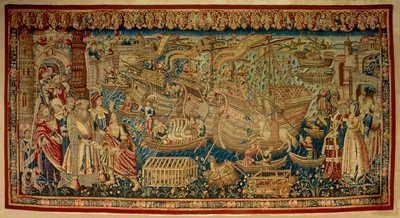 ポルトガルの航海士ヴァスコ・デ・ガマ(1459-1524)が1498年にインドのカリカット(コジコデ)に到着した。タペストリー。リスボン 作： Unknown artist