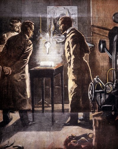 レントゲン（Rontgen）やX線のこと。1895年に発見された。実験を表すイラスト。 作： Unknown artist