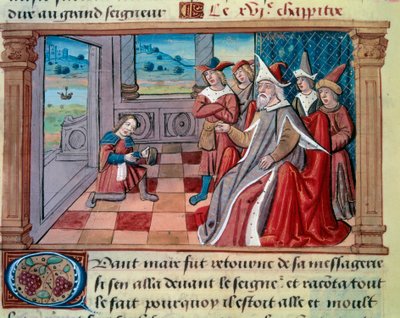 ヴェネツィアの航海士マルコ・ポーロ（1254-1324）が、偉大なるクビライ（クビライ・ハン、モンゴル元朝（1215-1294）の初代皇帝）の前で。マルコ・ポーロ（1254年）の「不思議の書」（「Devisement du monde」、「Il Milione」）から引用されたミニチュア。 作： Unknown artist