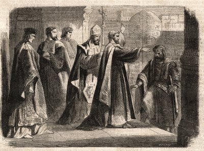 ミラノの大司教聖アンブローズ（Aurelius Ambrosius, Ambrogio di Milano (340-397)）は、ローマ皇帝テオドシウス1世（Flavius Theodosius）（347-395）が390年にテッサロニケで虐殺を行ったことを罰するために、教会への入場を禁止した - Excommunicati 作： Unknown artist