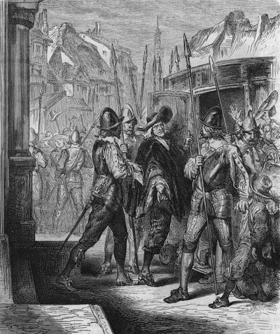 1648年、アンヌ・ドートリッシュの命令によりピエール・ブルゼル（1575 - 1654）が逮捕され、民衆の救済（バリケードの時代）とフロンドを引き起こした。1866年に制作されたエングレーヴィング。 作： Unknown artist