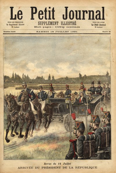 7月14日の雑誌に掲載されたフランス共和国大統領サディ・カルノー（1837-1894）のブローニュ河畔への到着。 作： Unknown artist