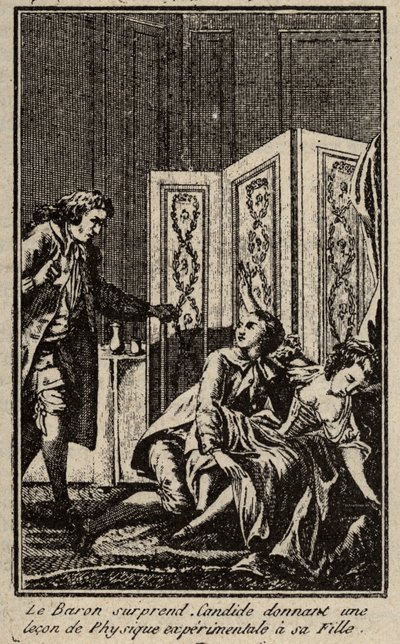男爵が娘に実験物理学の授業をしてキャンディードを驚かせる Frontispice for "Candide" by Francois Marie Arouet dit Voltaire. 作： Unknown artist