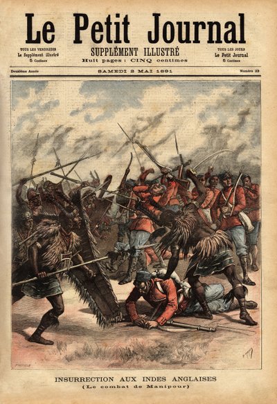 1891年4月24日から26日にかけて行われたマニプール（またはマニプール）（インド北東部）の戦いは、1890年から王位についていたマハラジャ・クルチャンドラ・シン（1934年に亡命死）の反乱軍とイギリス植民地軍が、弟のスルチャンドラ・シン（レジネ1886〜）を虐げたものである。 作： Unknown artist