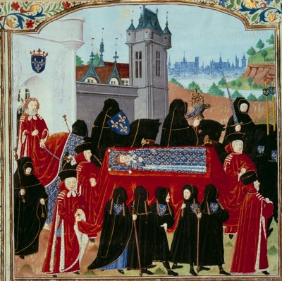 亡きシャルル6世（1368-1422）の遺体が運ばれ、その後ろに新王シャルル7世（1403-1461）の行列がある 1422年10月22日 ジャン・シャルティエによる写本「シャルル7世の年代記」（Ms.fr.2691）のミニチュア 作： Unknown artist
