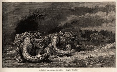 テッバドと呼ばれる砂のハリケーンに巻き込まれたラクダのキャラバン。エミール・バイヤール（1837-1891）が、1863年にアルミニウス・ヴァンベリ（ダービッシュに変装したハンガリー人科学者）が行った中央アジアへの旅を説明するために描いたもの。Le tour du monde "に掲載されている版画。 作： Unknown artist