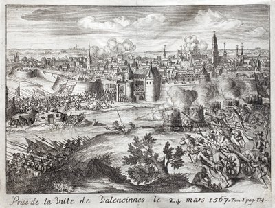 1567年3月24日、ヴァランシエンヌ（フランス）の街が奪われる。グーの反乱の最初の戦い（八十年戦争（八十年または八十年）（オランダの反乱）の始まり）（1568年～1648年）。フの戦争の歴史」を説明するためのエングレーヴィング 作： Unknown artist