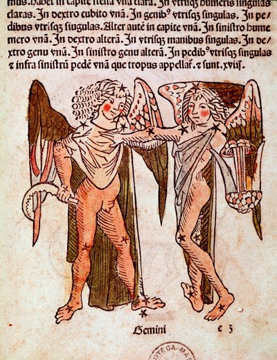 ふたご座の詳細は、ローマの歴史家ヒギン（Gaius Julius Hyginus）（紀元前1世紀）が作成した「Poeticon astronomicon」に由来します。 作： Unknown artist