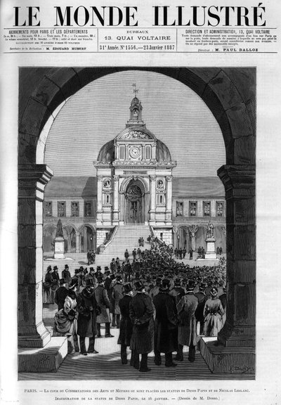物理学者、数学者、発明家であるドゥニ・パパン（1647-1714）とフランスの化学者であるニコラ・ルブラン（1742-1806）の銅像がある芸術金属学コンセルヴァトワールの中庭。1月16日、ドニ・パパンの像の落成式 作： Unknown artist