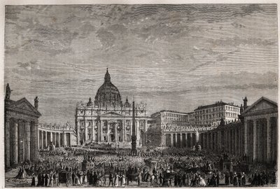 ローマ法王ピウス9世（1792-1878）による復活祭の大祝福を受けるために、群衆はバチカンのサンピエトロ広場に殺到した。1863年、Ludovic Cellerがローマの聖週間の物語を説明するために描いた版画（「Le tour du monde, nouveau journal des voy 作： Unknown artist