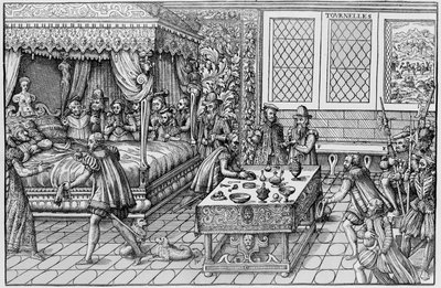 6月30日、パリのトゥルネル宮でフランス王アンリ2世（1519-1559）が死去。 作： Unknown artist