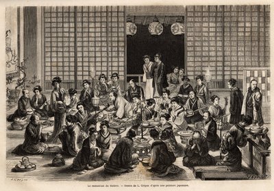 横浜劇場の食堂は、公演中であっても常に満席である。1863年から1864年にかけて、スイス連邦公使のアイム・アンベールが日本への旅を説明するために描いたもので、「le tour du monde」に掲載されている。 作： Unknown artist