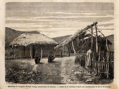 ヌメアの近くにあるイギリス人建設業者の住居と造船所。彼は土着の労働者を使い、あるいは過酷な労働の時間が終わるまで彼らを非難している。鉱山の土木技師ジュール・ガルニエが18年に描いた「ヌーベル・カレドニアへの旅を描くための版画」。 作： Unknown artist