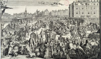 パリのポンヌフの恥ずかしさ。18世紀のパリの街の交通と交通渋滞のイラスト。1710年のエングレーヴィング。パリ、カルナヴァレ美術館 作： Unknown artist