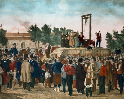 1858年3月13日、パリのロケット広場でナポレオン3世に対する1858年1月14日の攻撃を実行したフェリーチェ・オルシーニ（1819 - 1858）とピエリの処刑。19世紀末のリトグラフ。ミラノの個人コレクション 作： Unknown artist
