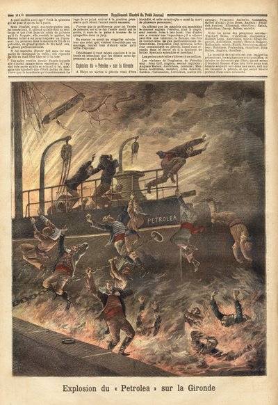 ジロンド河畔のブレイエで起きた石油運搬用英国汽船 "ペトロレア "の爆発事故。1892年4月6日付「Le petit journal」に掲載された図版。セルバのコレクション。 作： Unknown artist
