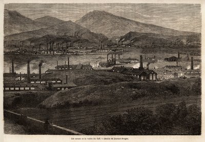 タフ・バレーの工場群。1862年にL.Simoninがウェールズの主要工場を訪問した際に描いたDurand Bragerの絵。エドゥアール・シャルトン編集の「Le tour du monde」に掲載されている図版 作： Unknown artist