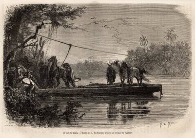 カウカ川を渡るための渡し舟。1869年にサフレー博士が行ったニューグラナダへの航海を説明するためのエングレーヴィングで、1873年にエドゥアール・シャルトンが編集した「Le tour du monde」に掲載されている。セルバ・コレクション。 作： Unknown artist