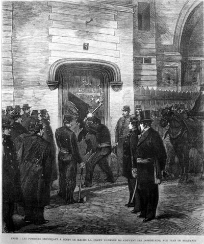 1880年、パリのジャン・ド・ボーヴェ通りにあるドミニコ会修道院の入り口のドアを叩く消防士たち。19世紀のエングレーヴィング。 作： Unknown artist