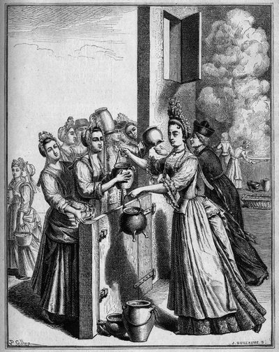 1709年の飢饉の際のパリでのスープの助け合い。18世紀の版画をもとにセリエが描いたもの。 作： Unknown artist