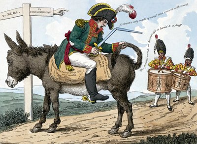 現代の英雄の旅、エルバ島へ。現代のヒーローのエルバ島への旅。この漫画は、ナポレオン・ボナパルトがフォンテーヌブローからエルバ島に向かう道でロバに座っている様子を描いたもので、片手には剣のカセを持ち、片手には 作： Unknown artist