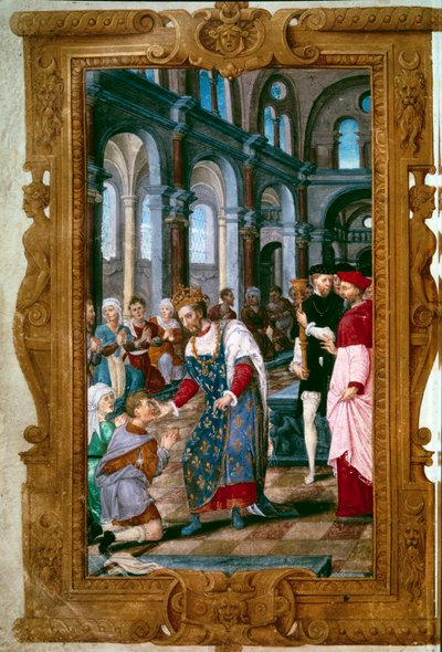 国王が触れる、神が聞く 国王アンリ2世（1519-1559）は、ランスの戴冠式の直後、サン・マルクール修道院でエクリュエルの病気を治していました。彼の近くにはランスのアーチがある。ミニチュア「ヘンリー2世の時間」より 154 作： Unknown artist