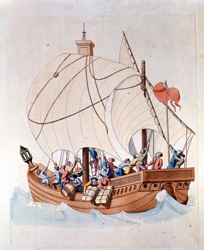 13世紀のカラベルの積み荷が海に。 作： Unknown artist