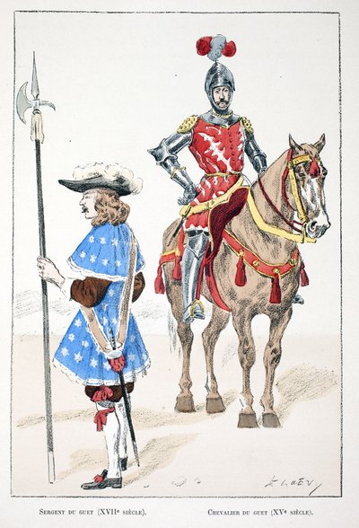 17世紀の見張り役の軍曹と15世紀の騎士。ルイ・ルピーヌ（1846-1933）の後援で出版された「平和の戦士たちの歴史」本の挿絵用に描かれたクー ルです。 作： Unknown artist