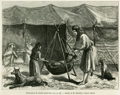 カロウン地方の羊飼いの女性たちによるミルクの製造。士官学校のジェーン・デラフォイ（1851-1916）が、1886年の「世界旅行」で描いた物語「La Perse, la Chaldee et la Susiane」を説明するためのエングレーヴィングで、監督はエドゥアール・シャルトン（1807-1890）。 作： Unknown artist