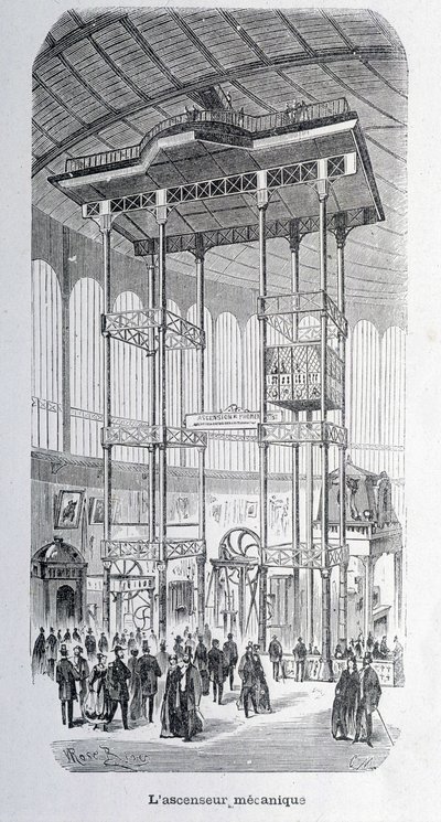 1867年の万国博覧会でエンジニアのエドゥーが使用した機械式リフト - 重力 作： Unknown artist