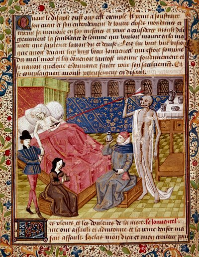 患者は、ジャン・ゲルソン（1363-1429）の「Le Tresor de Sapience」（または「Le traite du jardin amoureux」）から取られたミニチュアの死に打たれている。 作： Unknown artist