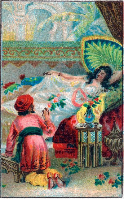 王子様とお姫様の話Les mille et une nuits" (les 1001 nuits ou Le mille e una notte, Arabian Nights)の中の「Histoire du cheval enchante」という物語。19世紀末のクロモリトグラフ。 作： Unknown artist